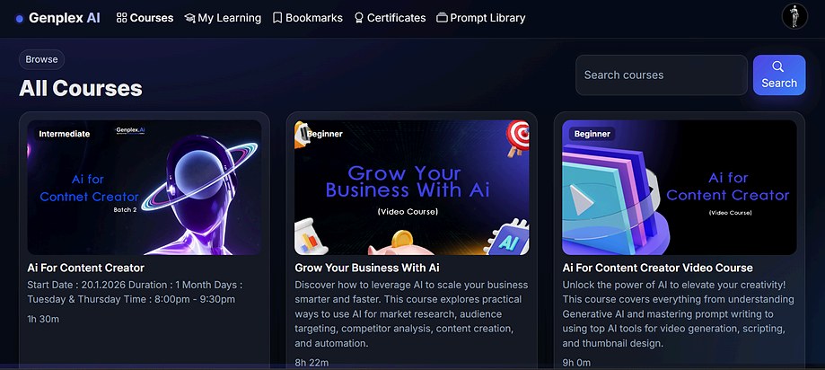 Genplex AI course catalogue showing AI for Content Creator and Grow Your Business With AI courses