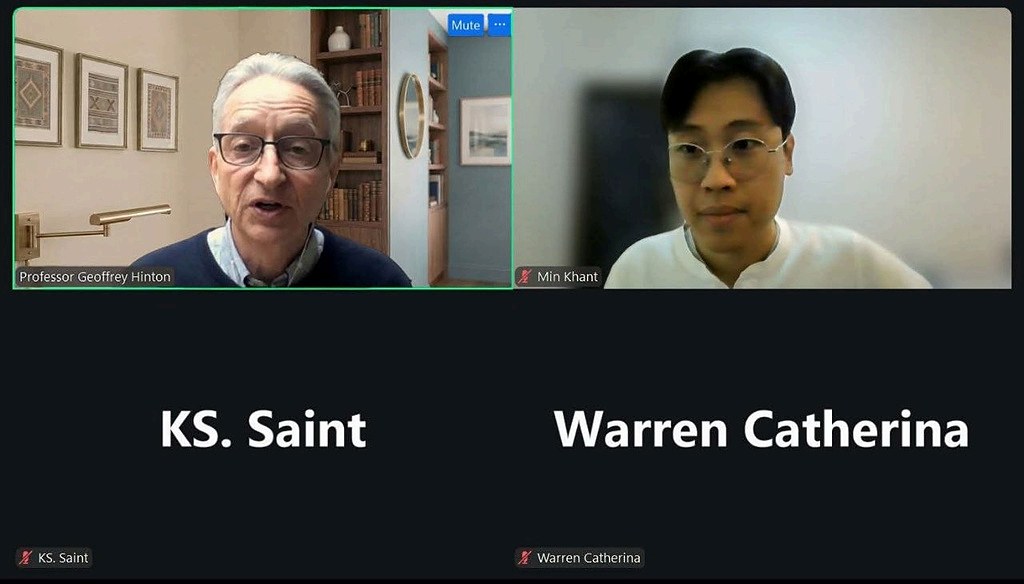 Video call with Professor Geoffrey Hinton, Min Khant, KS. Saint and Warren Catherina