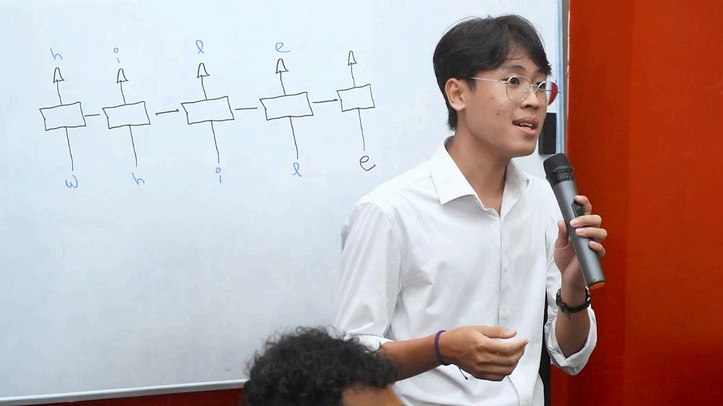 Min Khant teaching a neural network sequence model at a whiteboard